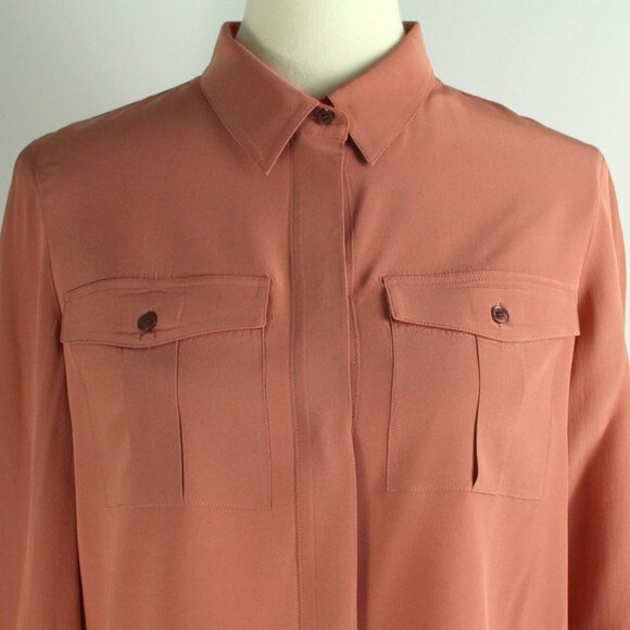 Burberry London Silk Button Front Clay Brown Red Detail Long Sleeve Blouse 6 - Picture 2 of 8